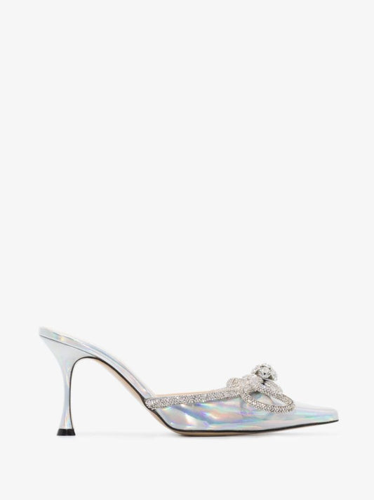 Silver Double Bow 85 Crystal Patent Leather Mules