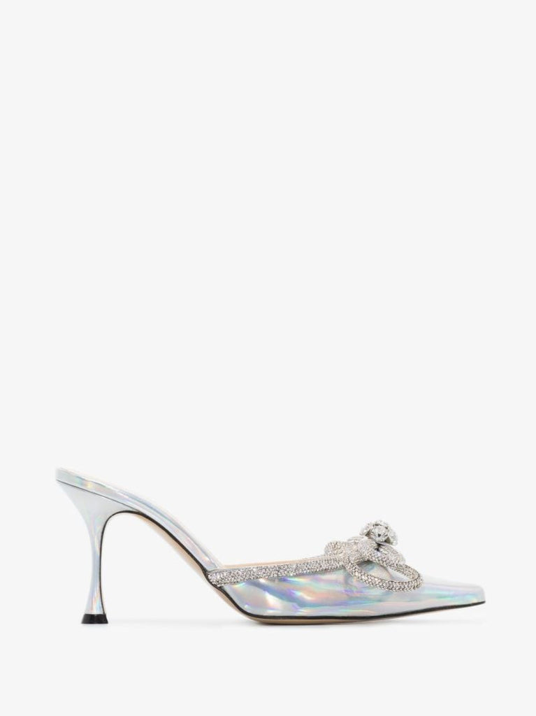 Silver Double Bow 85 Crystal Patent Leather Mules