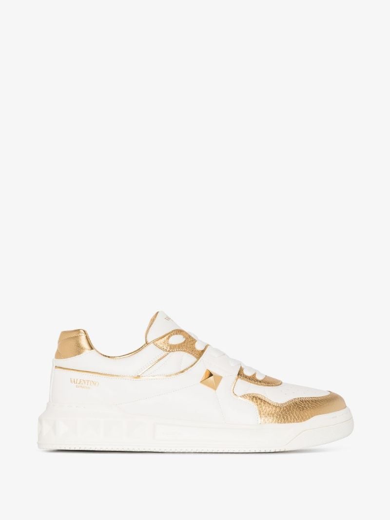 White and Gold One Stud Low Top Leather Sneakers
