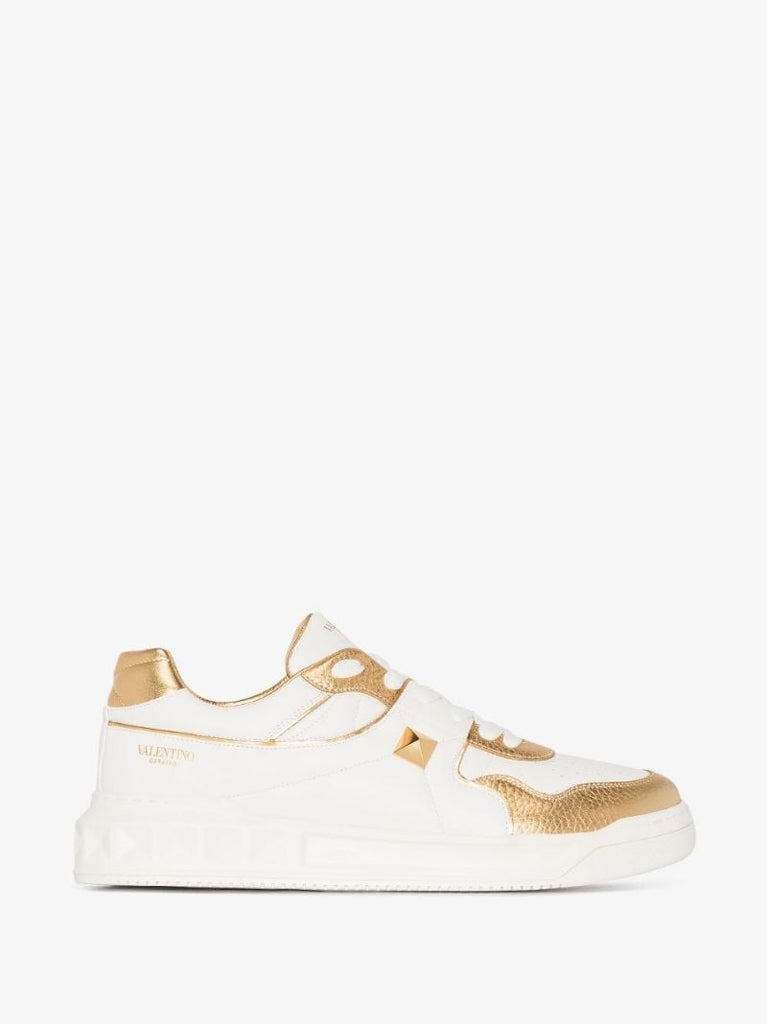 White and Gold One Stud Low Top Leather Sneakers