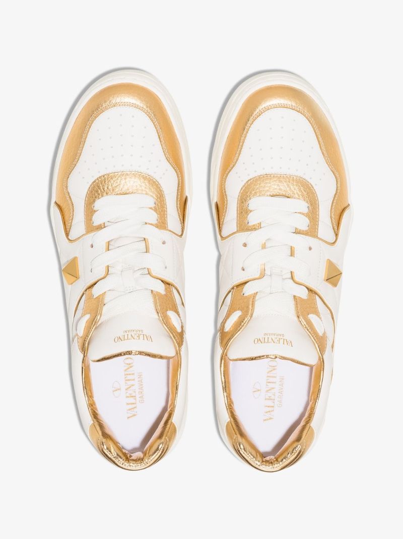 White and Gold One Stud Low Top Leather Sneakers