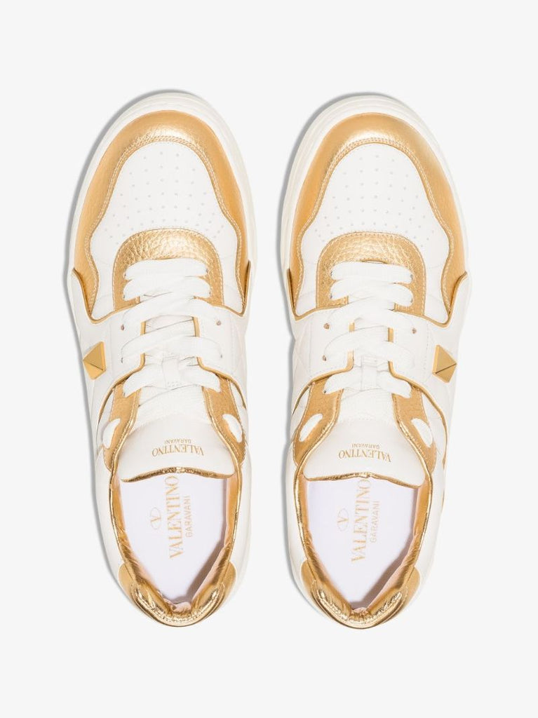 White and Gold One Stud Low Top Leather Sneakers