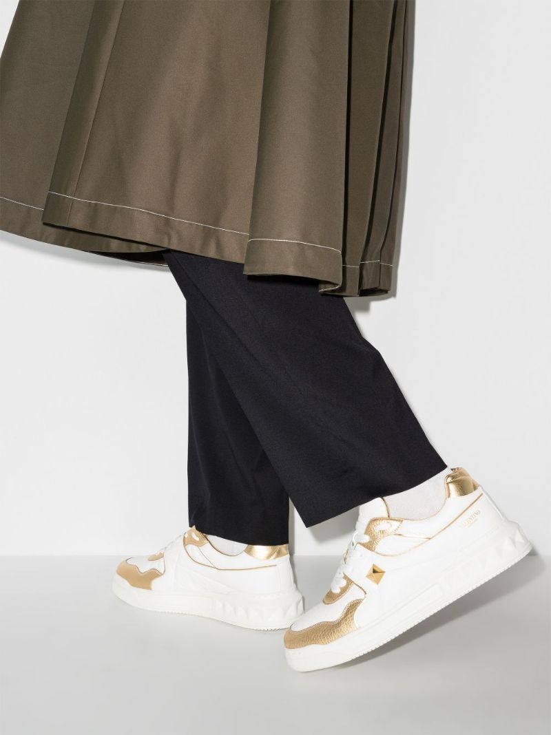 White and Gold One Stud Low Top Leather Sneakers