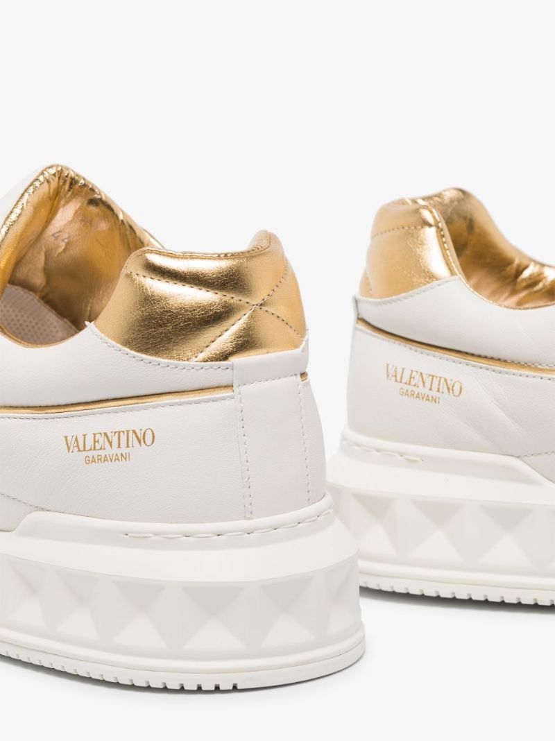White and Gold One Stud Low Top Leather Sneakers