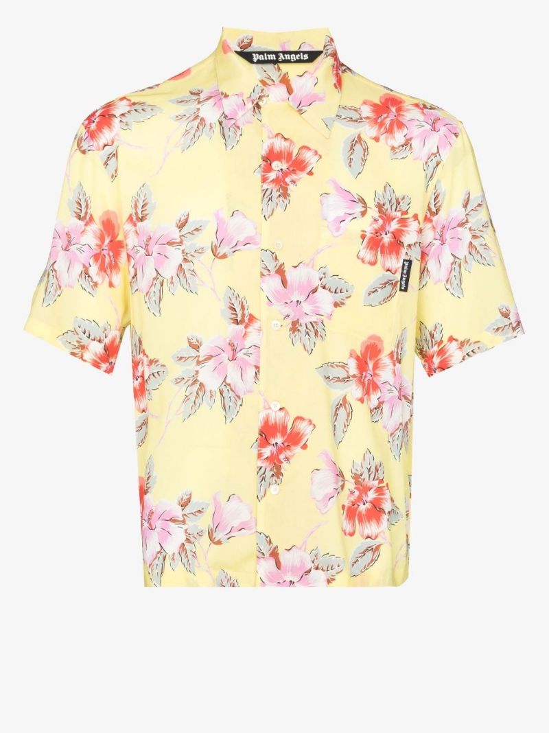 Yellow Hibiscus Print Bowling Shirt