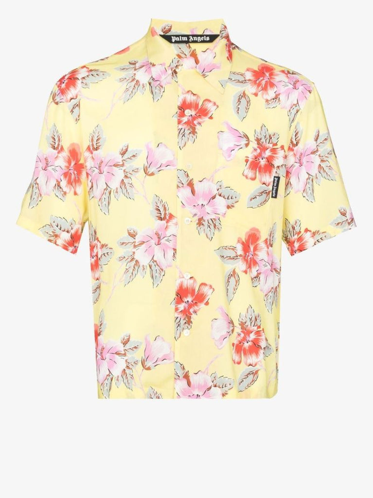 Yellow Hibiscus Print Bowling Shirt