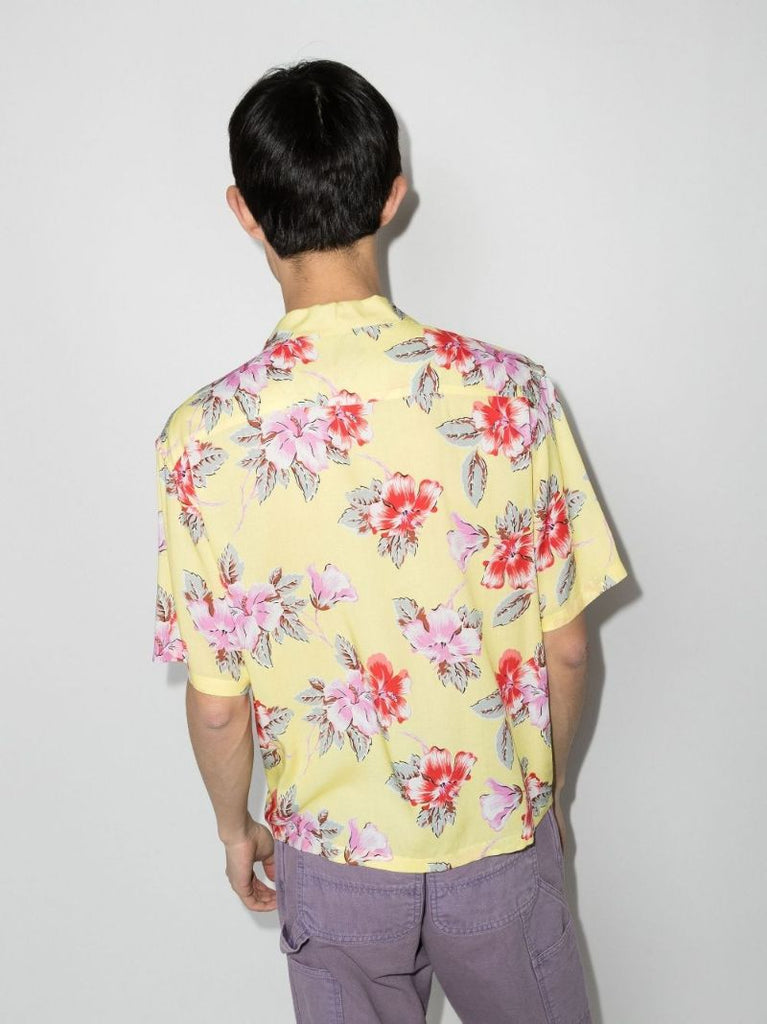 Yellow Hibiscus Print Bowling Shirt