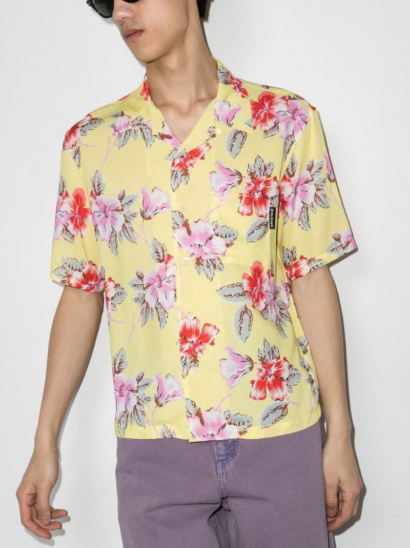 Yellow Hibiscus Print Bowling Shirt