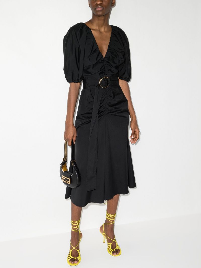 Ruched Front Belted Cotton Midi Dress