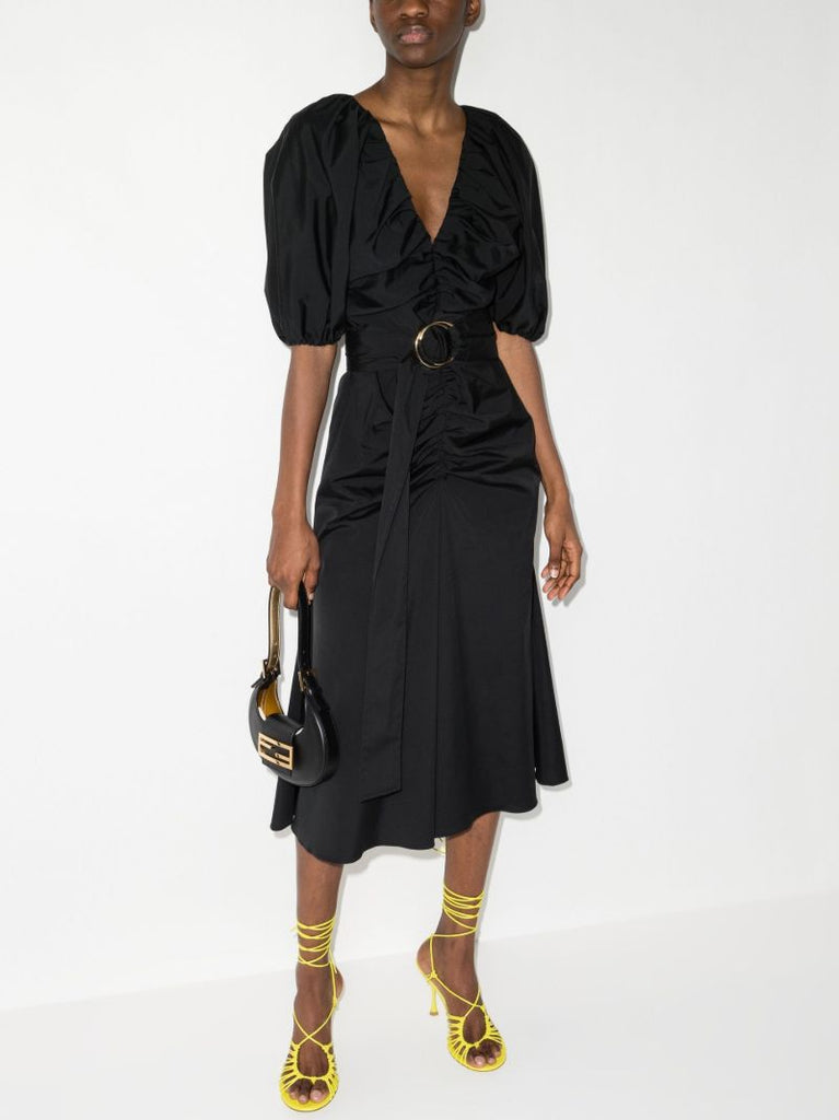 Ruched Front Belted Cotton Midi Dress