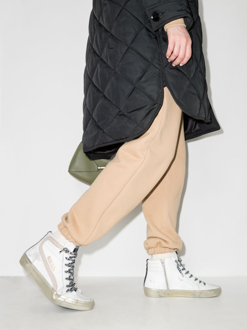 White Slide High Top Leather Sneakers