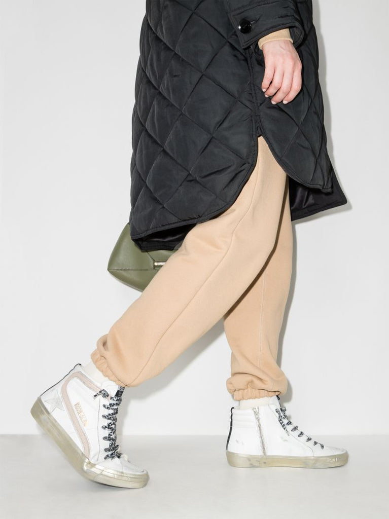 White Slide High Top Leather Sneakers