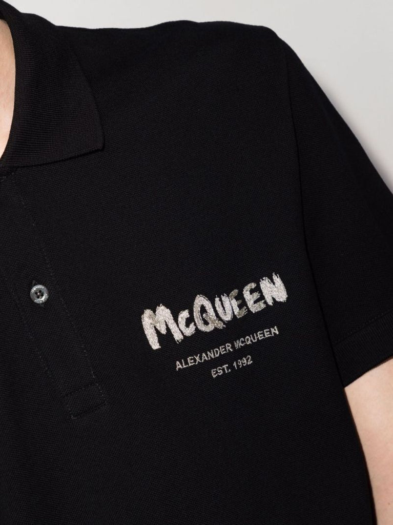 Black Graffiti Logo Cotton Polo Shirt