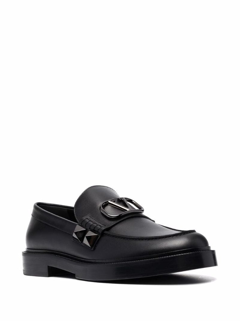 Black Stud Sign Leather Loafers