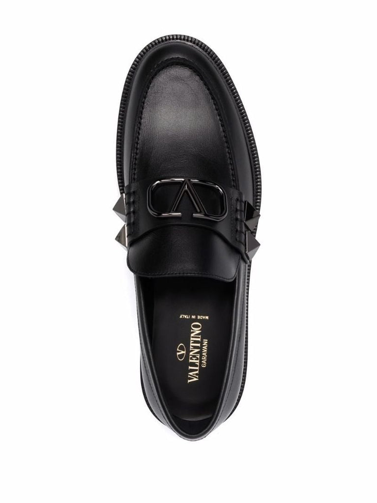 Black Stud Sign Leather Loafers