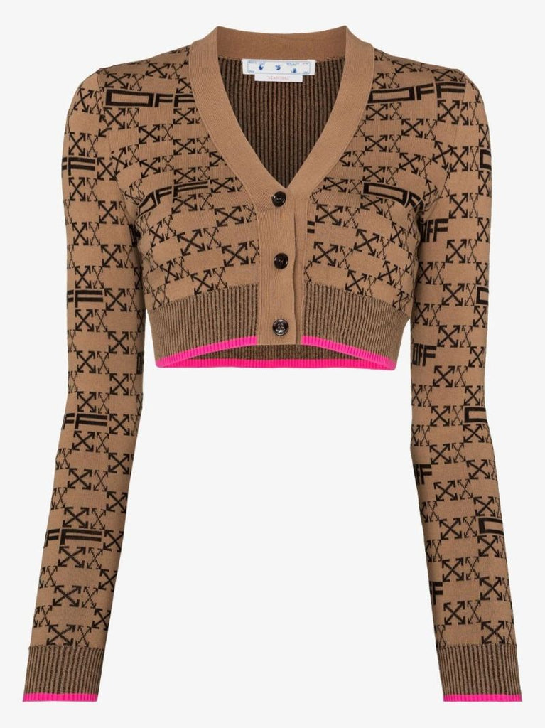 Brown Cropped Monogram Intarsia Cardigan