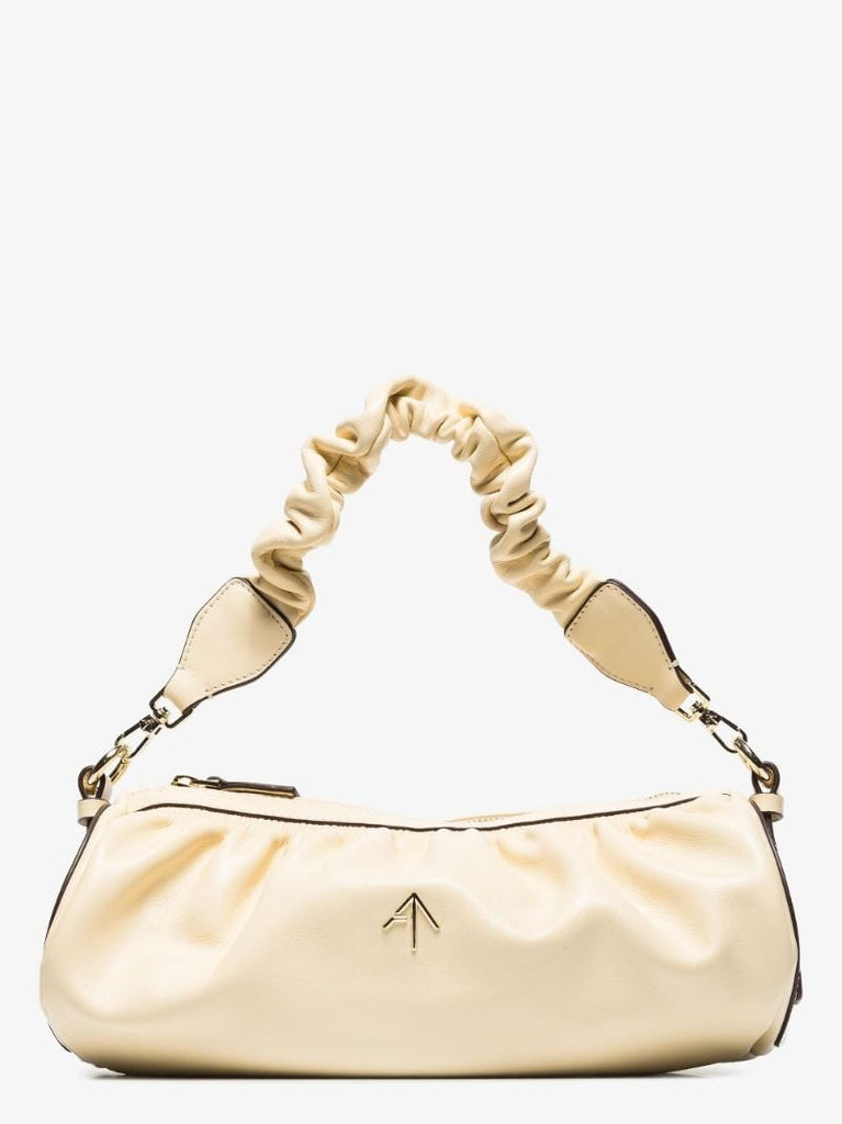 Neutral Ruched Cylinder Leather Shoulder Bag