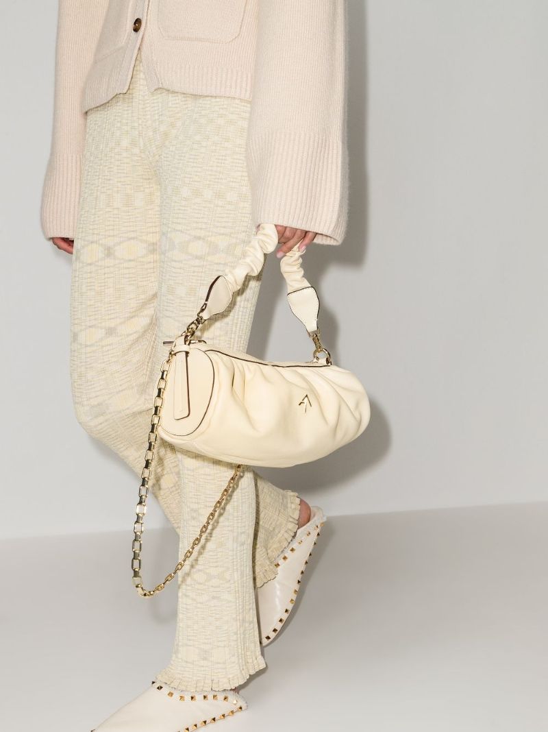 Neutral Ruched Cylinder Leather Shoulder Bag