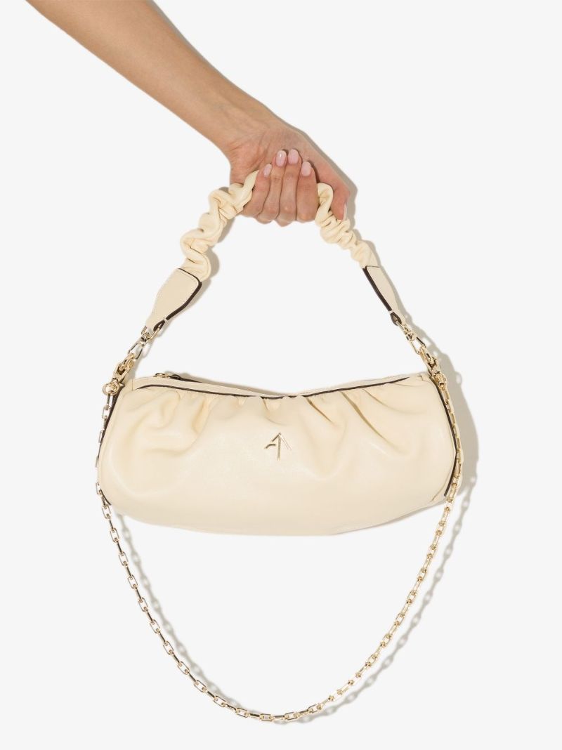 Neutral Ruched Cylinder Leather Shoulder Bag