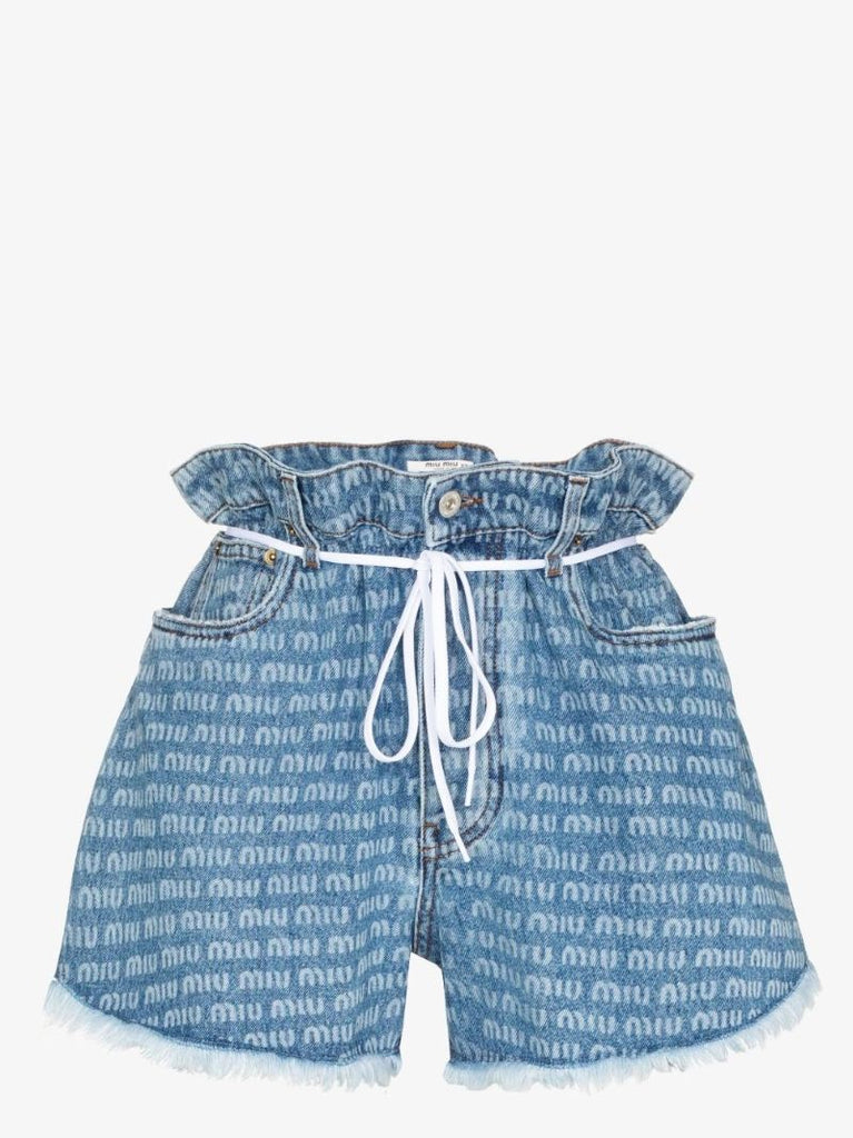 Logo Print Paperbag Waist Denim Shorts