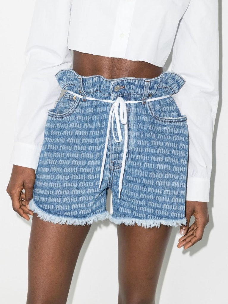 Logo Print Paperbag Waist Denim Shorts