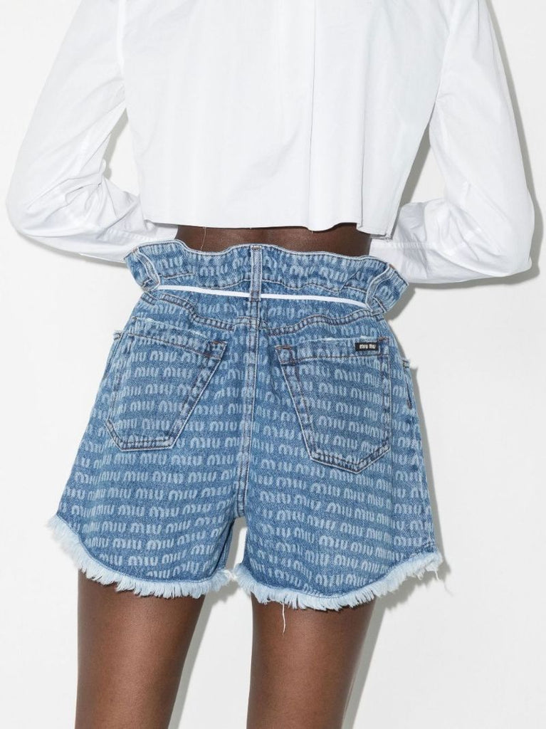 Logo Print Paperbag Waist Denim Shorts