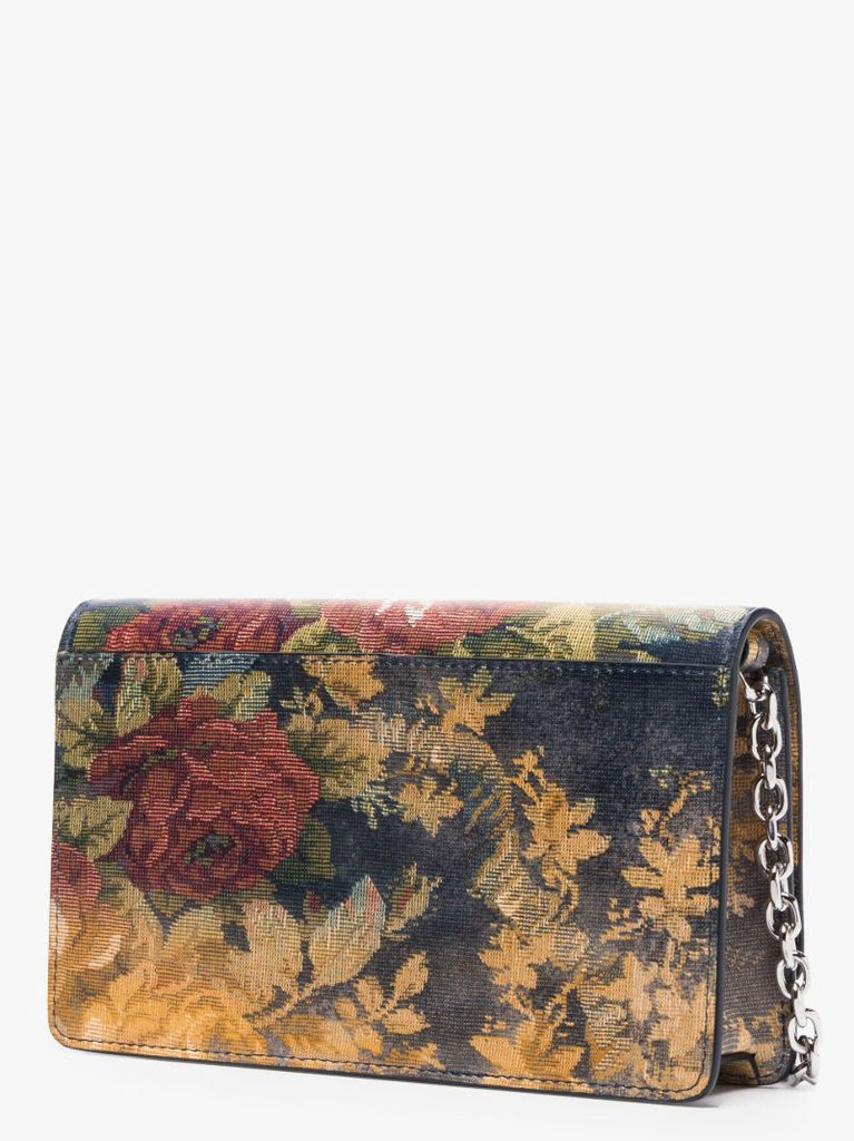 Yellow Flower Print Four-stitch Leather Chain Wallet