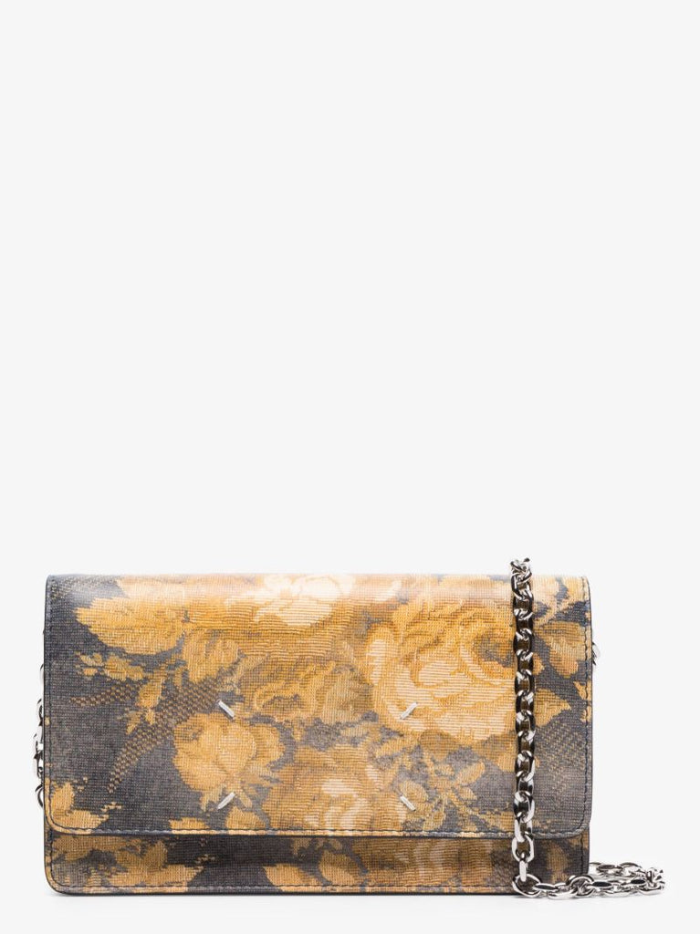 Yellow Flower Print Four-stitch Leather Chain Wallet