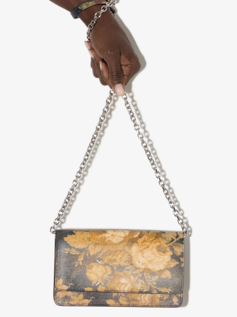 Yellow Flower Print Four-stitch Leather Chain Wallet