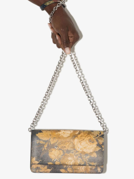 Yellow Flower Print Four-stitch Leather Chain Wallet