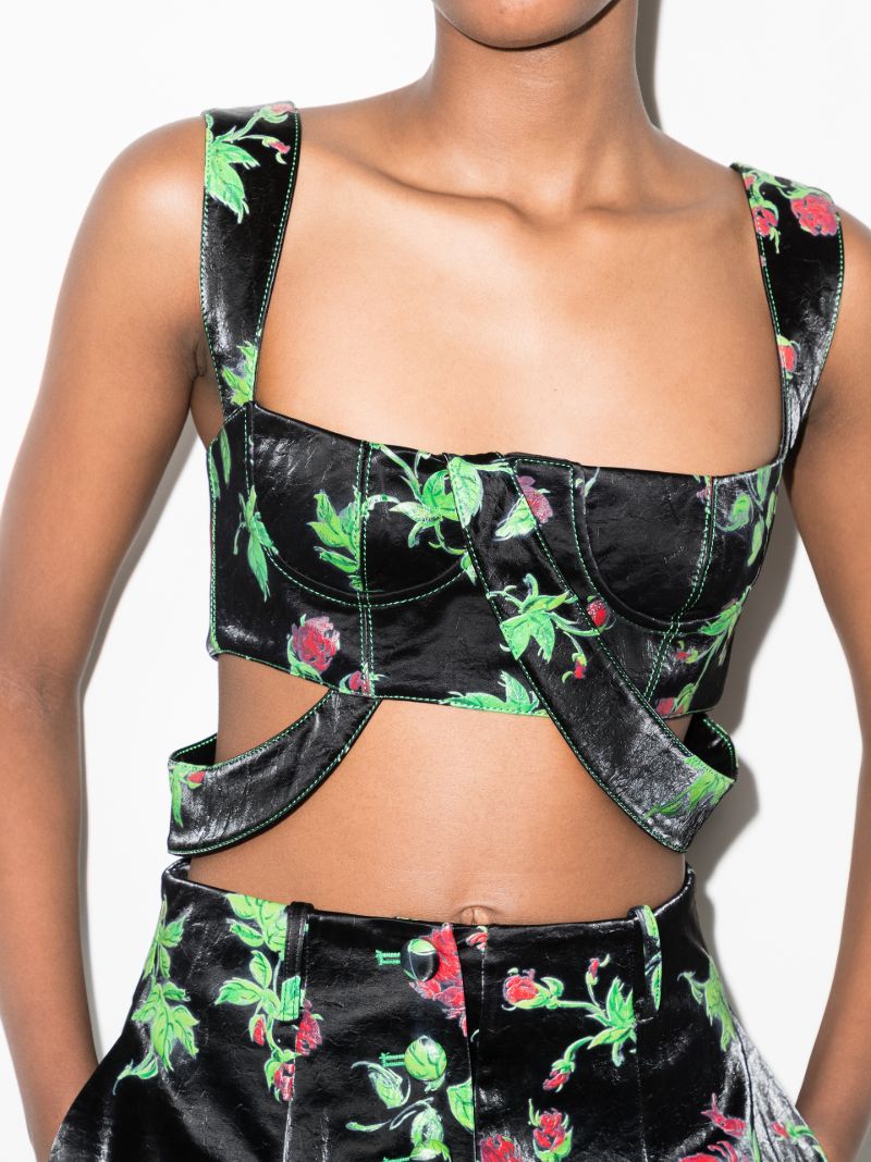 Floral Print Faux Leather Crop Top