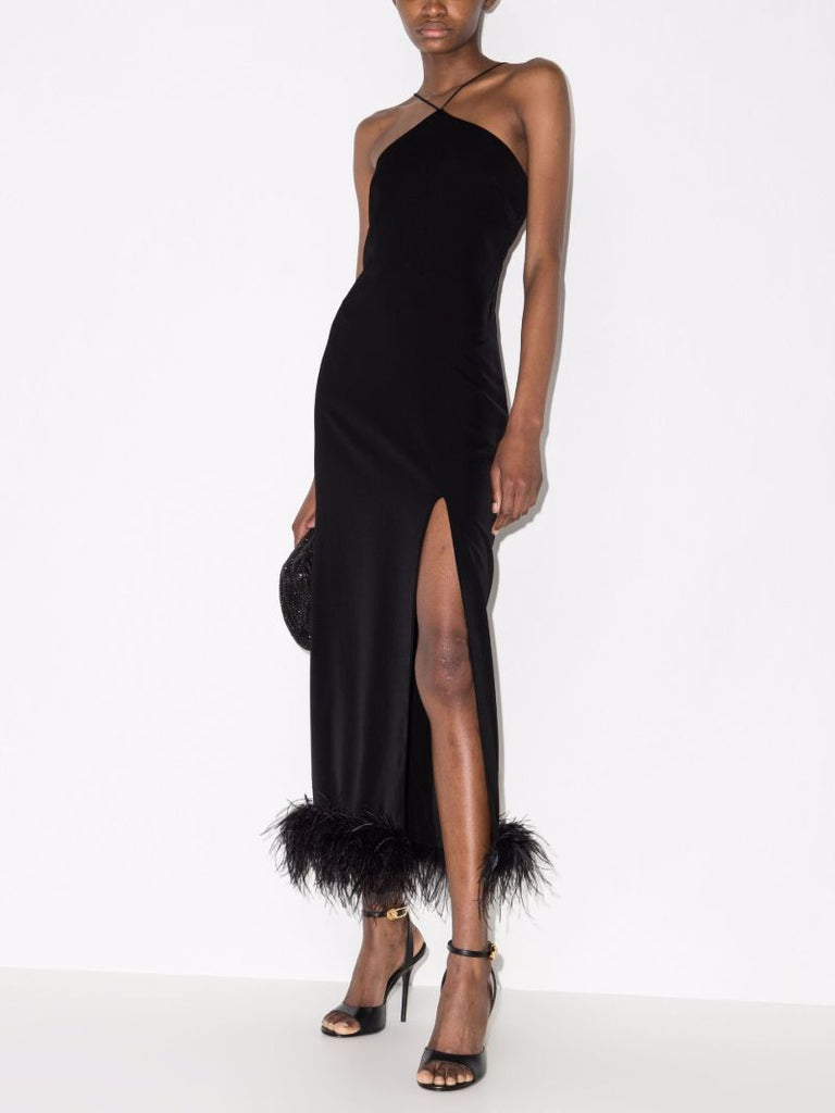 Cadillac Feather Trim Halterneck Midi Dress