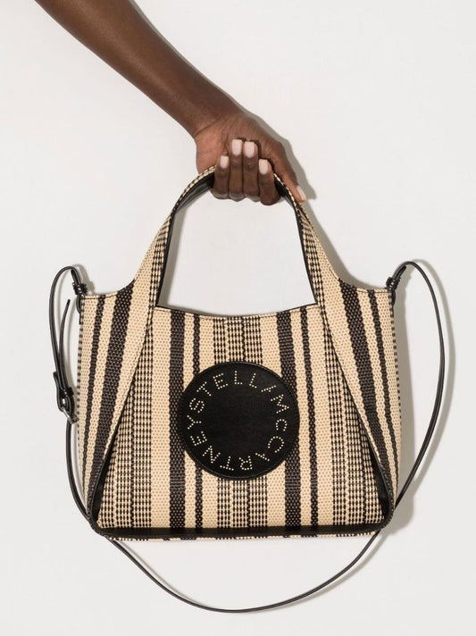 Neutral Logo Striped Raffia Tote Bag