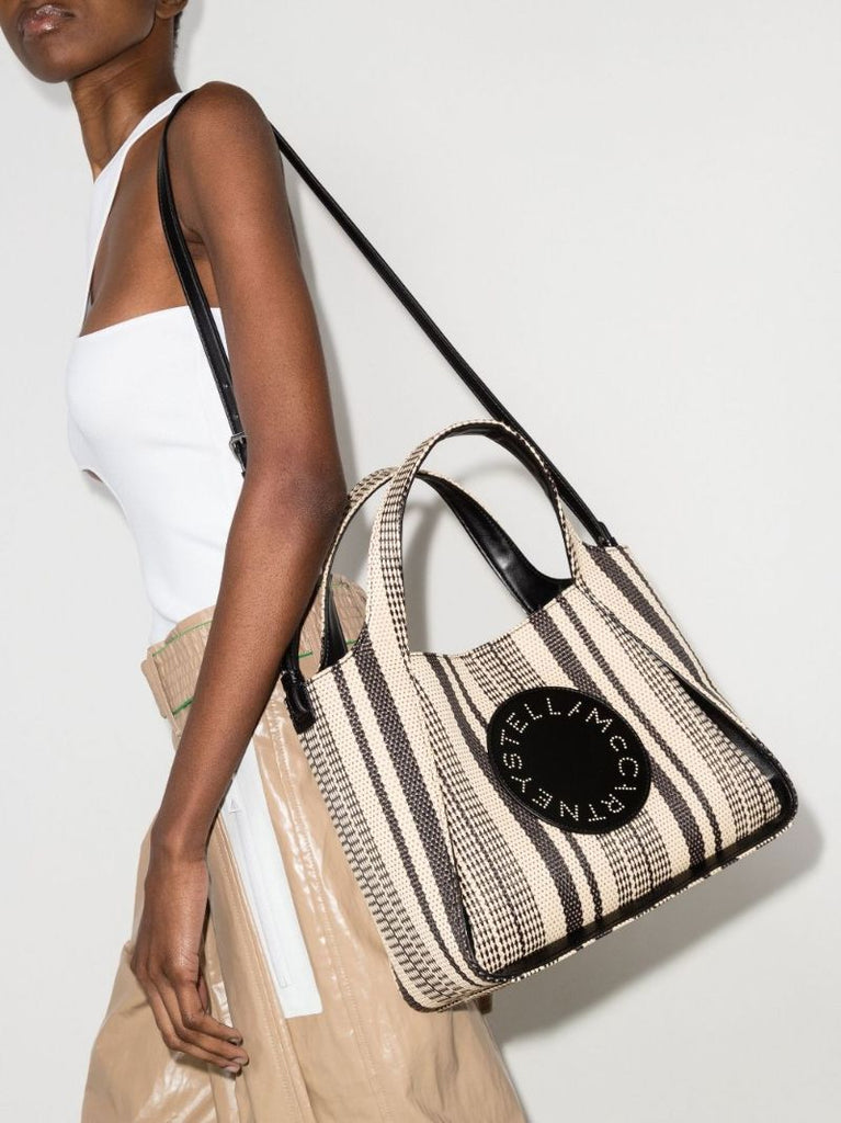 Neutral Logo Striped Raffia Tote Bag