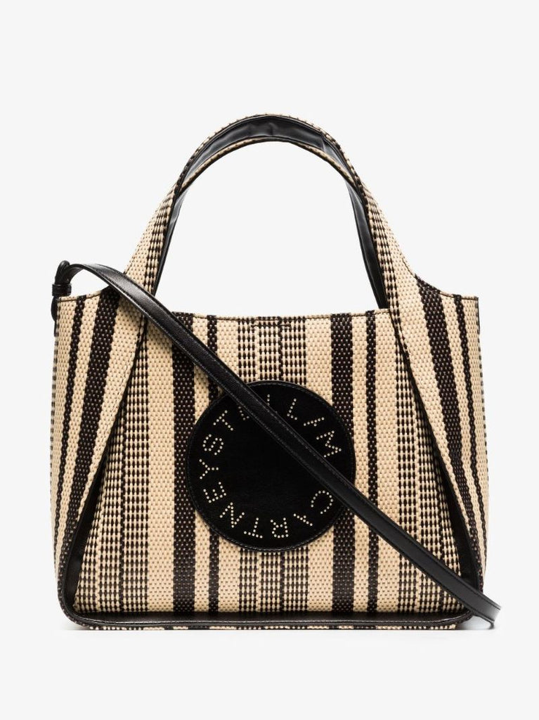 Neutral Logo Striped Raffia Tote Bag