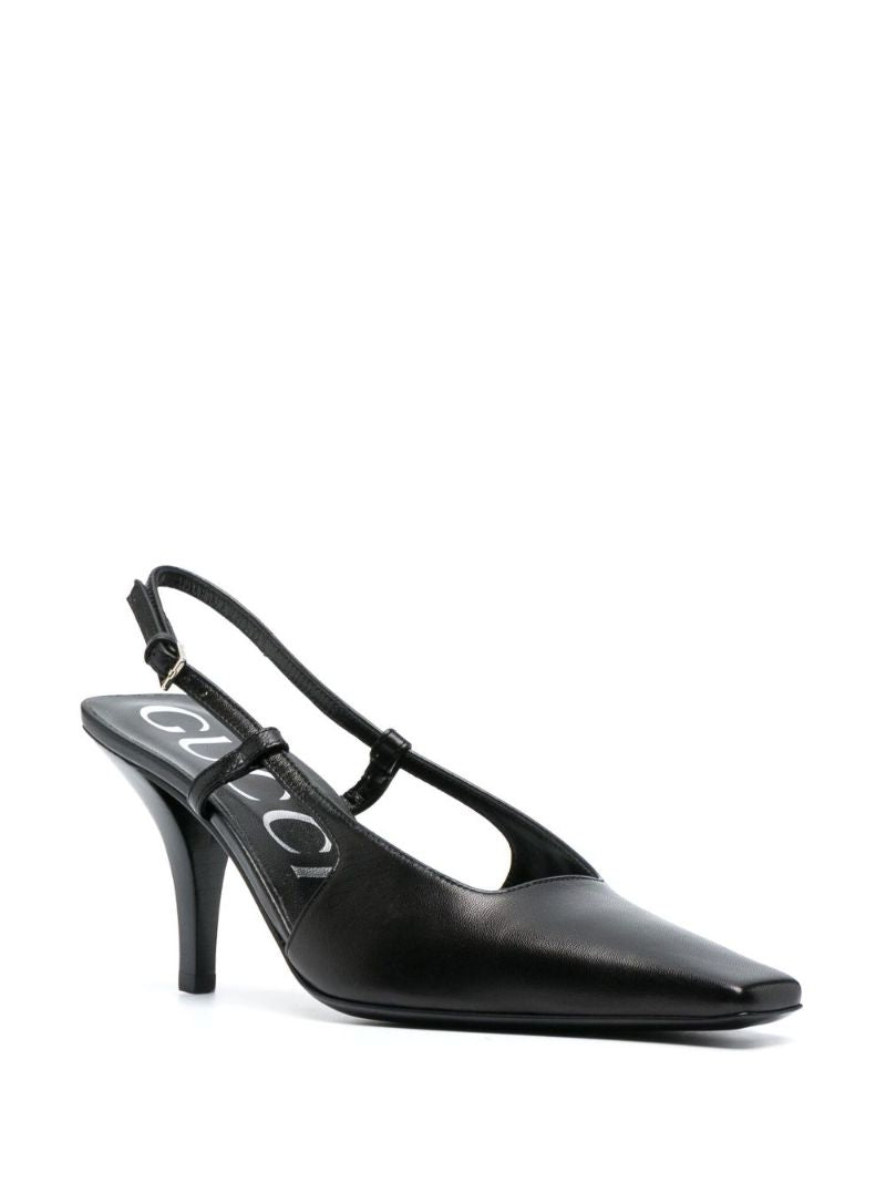Black Pointed Toe Court Heel Leather Slingback Pumps