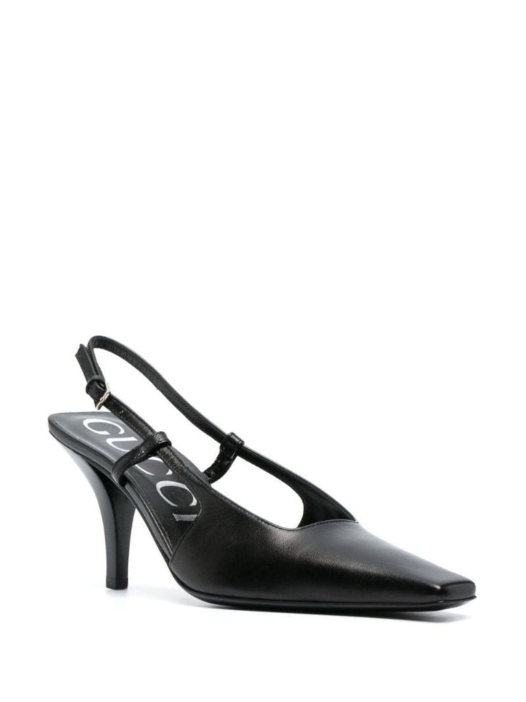 Black Pointed Toe Court Heel Leather Slingback Pumps