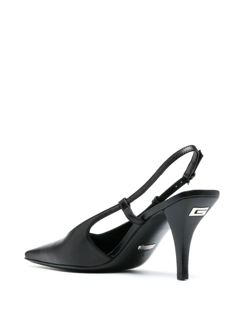 Black Pointed Toe Court Heel Leather Slingback Pumps