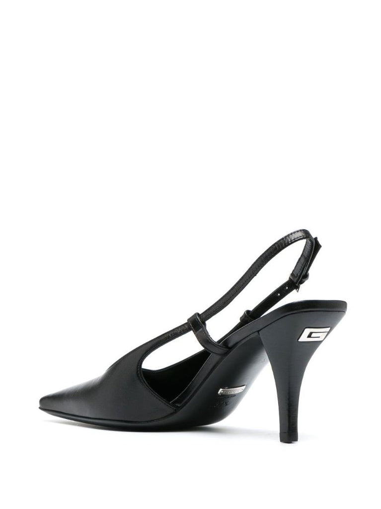 Black Pointed Toe Court Heel Leather Slingback Pumps