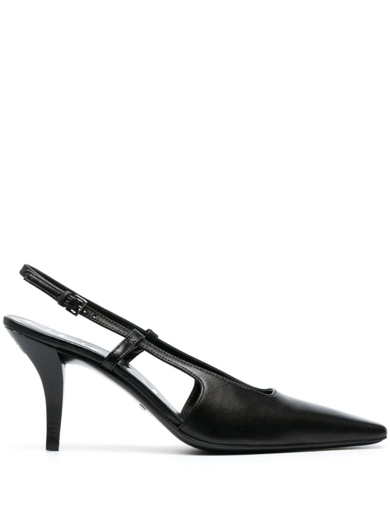 Black Pointed Toe Court Heel Leather Slingback Pumps