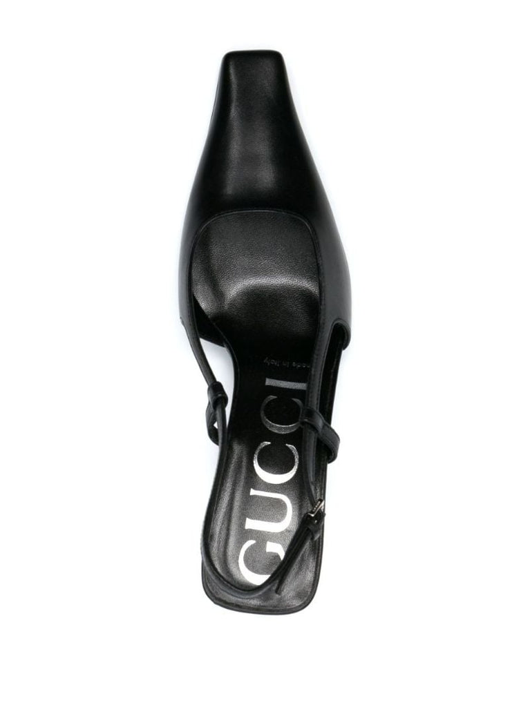 Black Pointed Toe Court Heel Leather Slingback Pumps