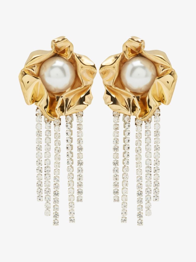 Gold Tone Titania Faux Pearl Crystal Fringe Earrings