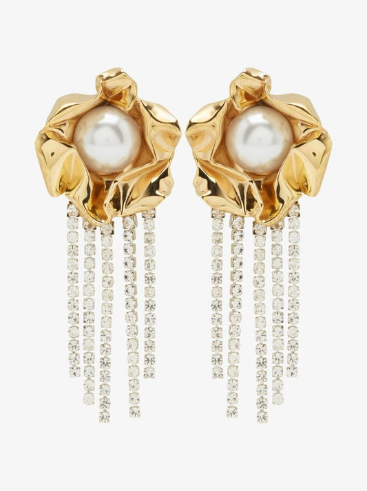 Gold Tone Titania Faux Pearl Crystal Fringe Earrings