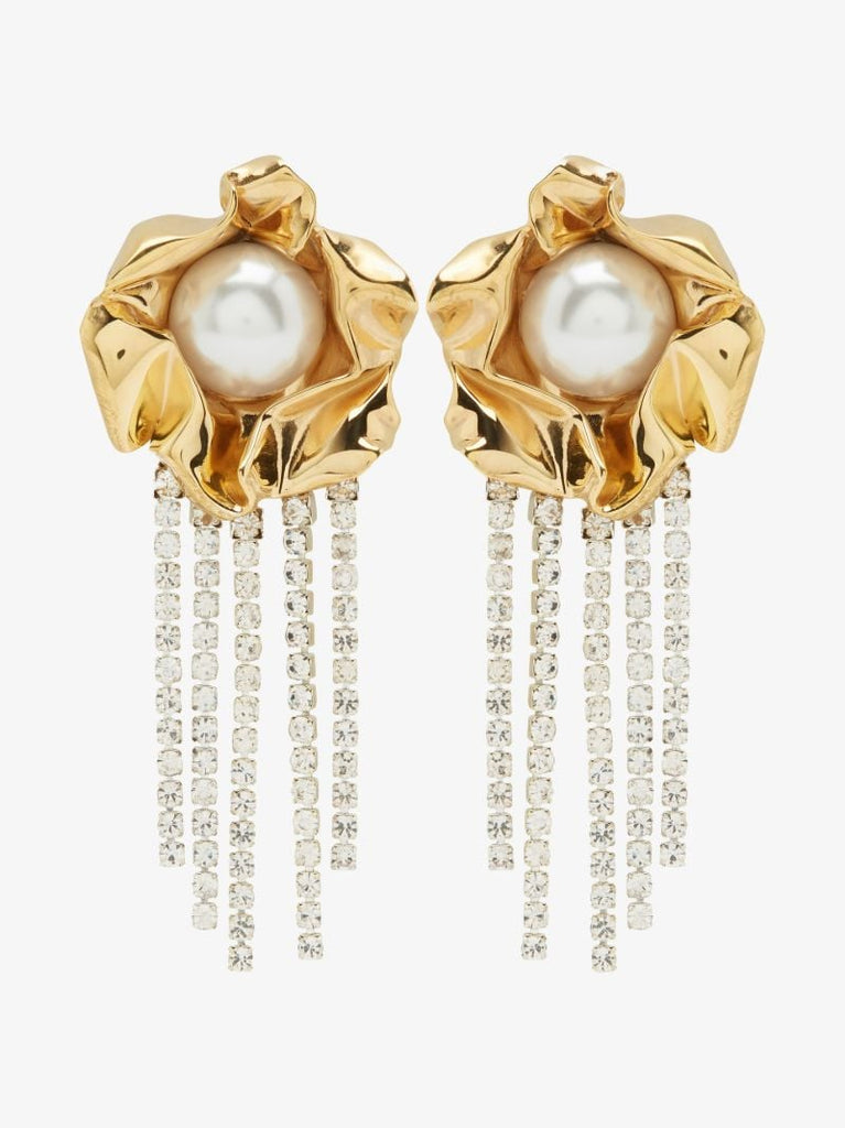 Gold Tone Titania Faux Pearl Crystal Fringe Earrings