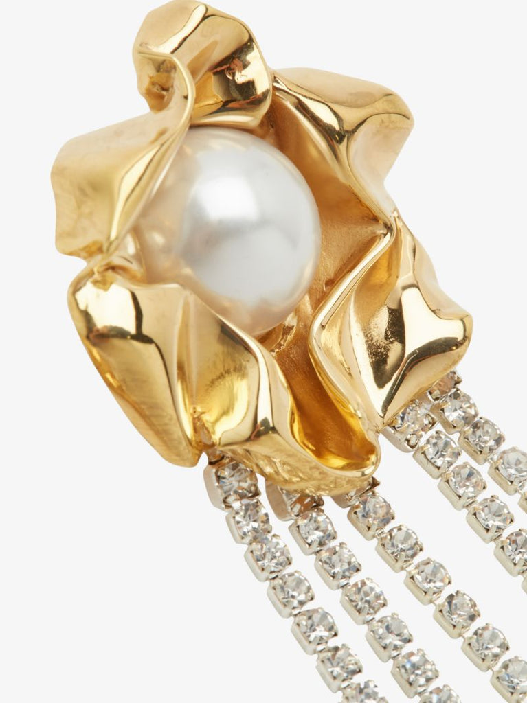 Gold Tone Titania Faux Pearl Crystal Fringe Earrings