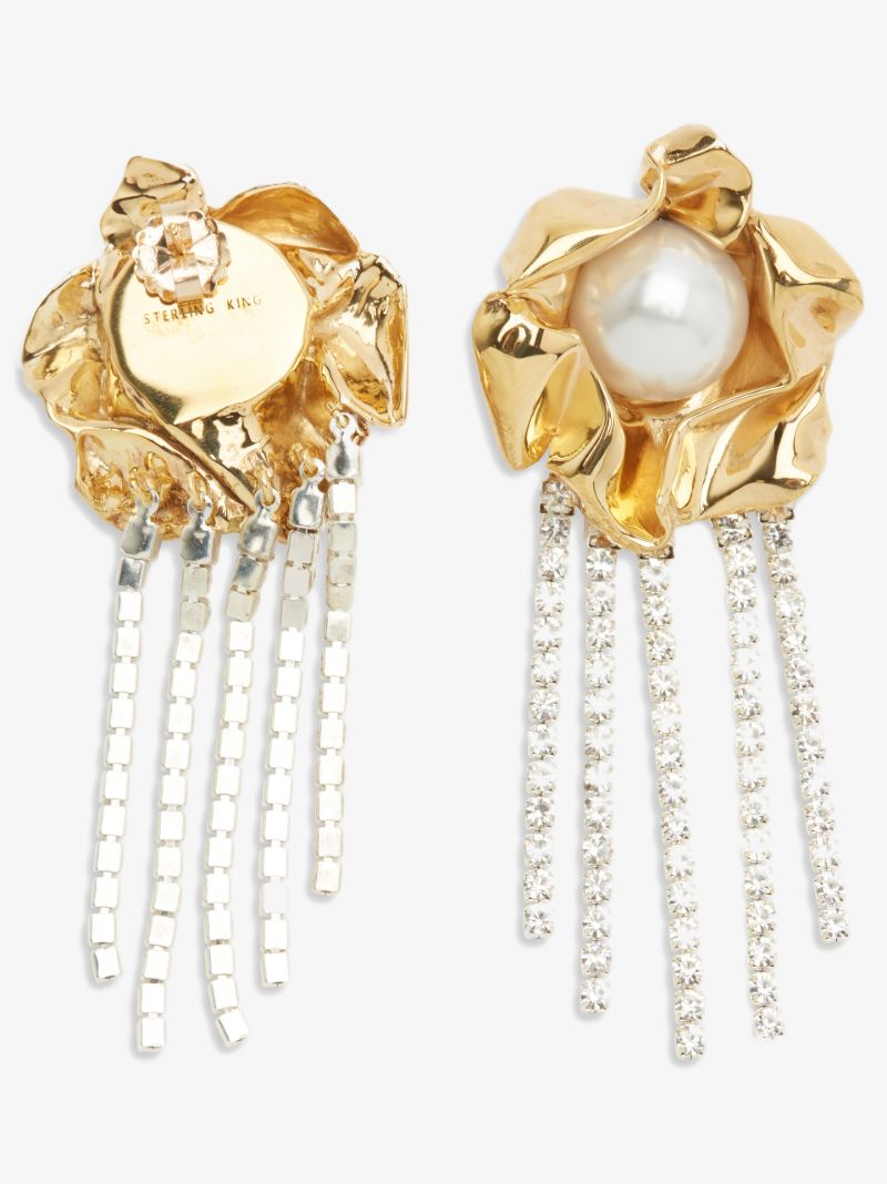 Gold Tone Titania Faux Pearl Crystal Fringe Earrings