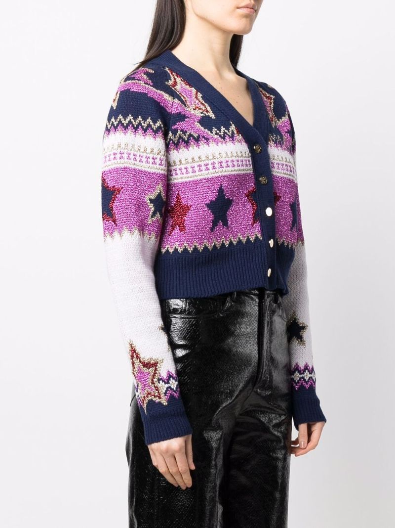 Pink Intarsia-knit Cropped Cardigan