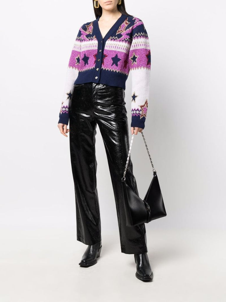 Pink Intarsia-knit Cropped Cardigan