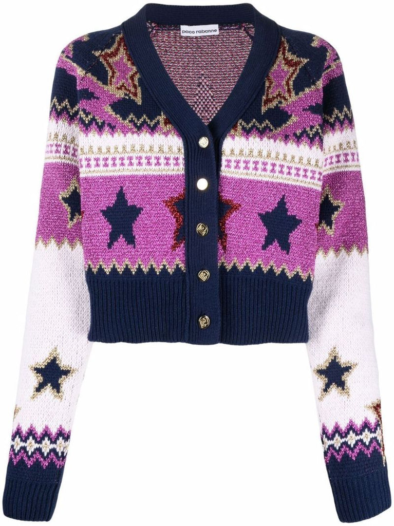 Pink Intarsia-knit Cropped Cardigan