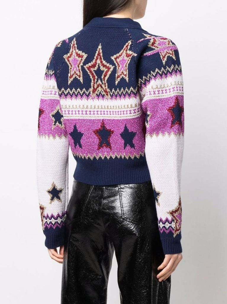 Pink Intarsia-knit Cropped Cardigan